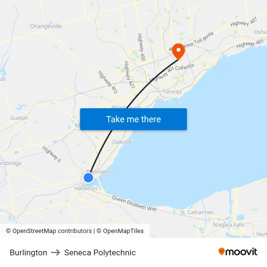 Burlington to Seneca Polytechnic map