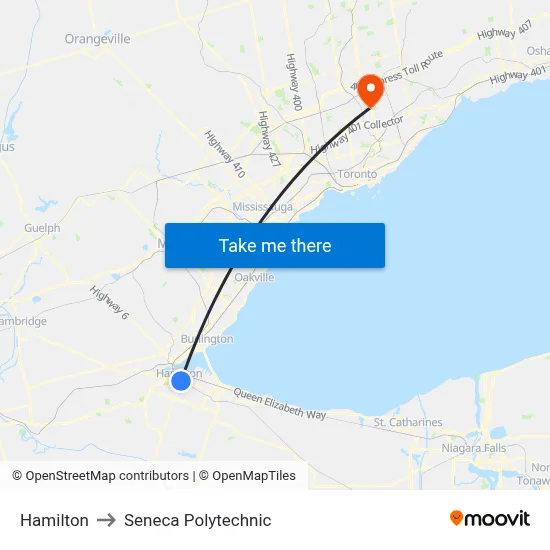 Hamilton to Seneca Polytechnic map