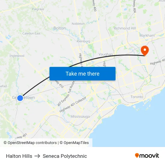 Halton Hills to Seneca Polytechnic map
