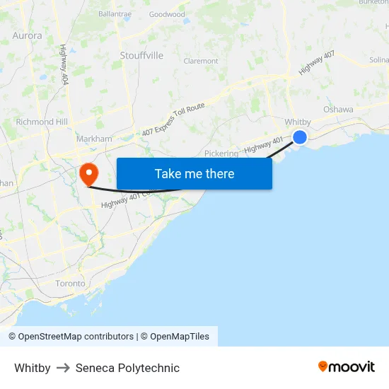 Whitby to Seneca Polytechnic map