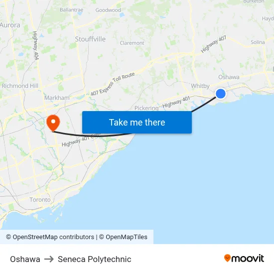 Oshawa to Seneca Polytechnic map