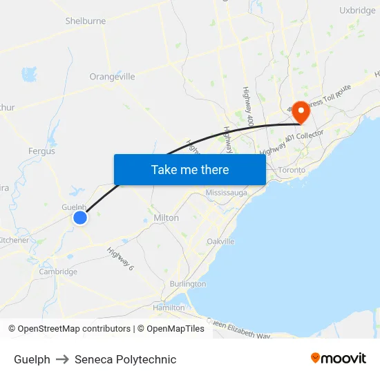 Guelph to Seneca Polytechnic map