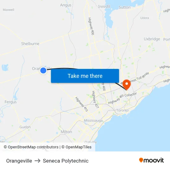 Orangeville to Seneca Polytechnic map