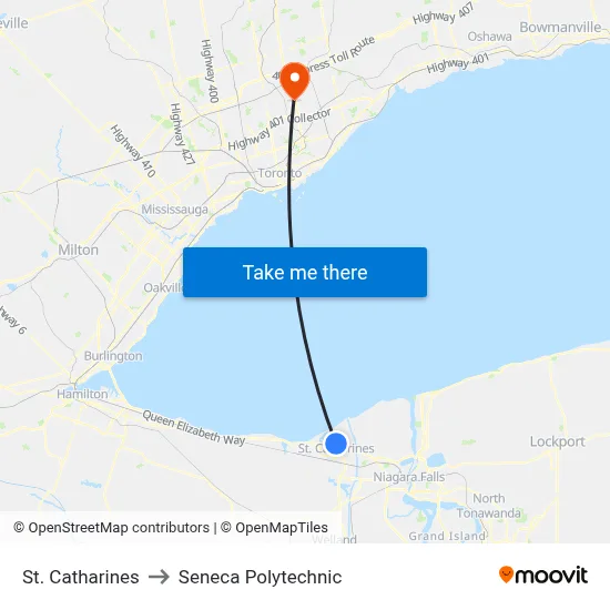 St. Catharines to Seneca Polytechnic map