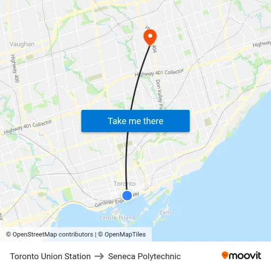 Toronto Union Station to Seneca Polytechnic map