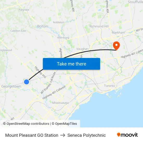 Mount Pleasant GO Station to Seneca Polytechnic map
