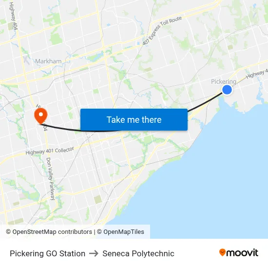 Pickering GO Station to Seneca Polytechnic map
