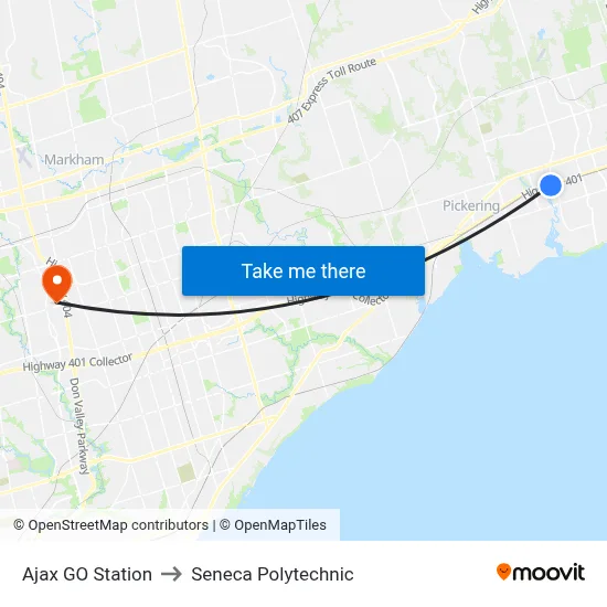 Ajax GO Station to Seneca Polytechnic map