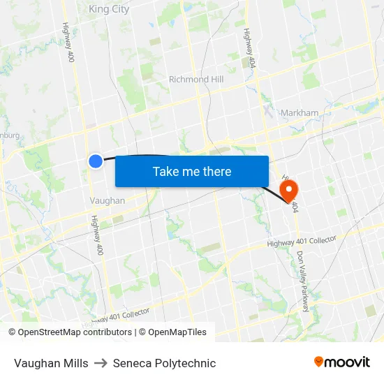 Vaughan Mills to Seneca Polytechnic map