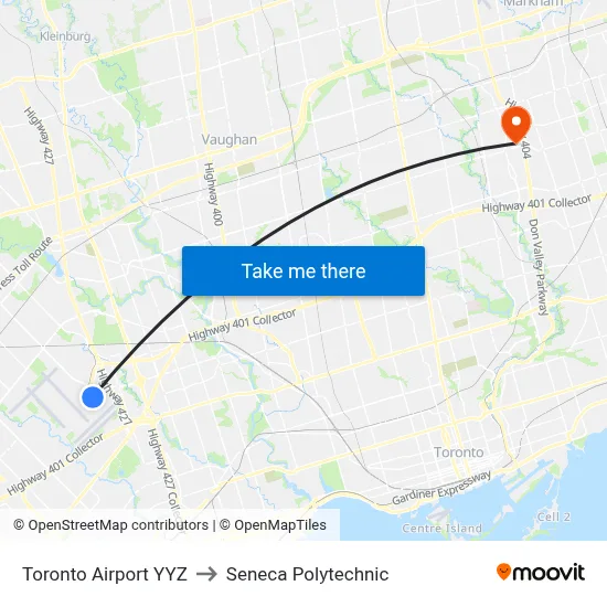 Toronto Airport YYZ to Seneca Polytechnic map