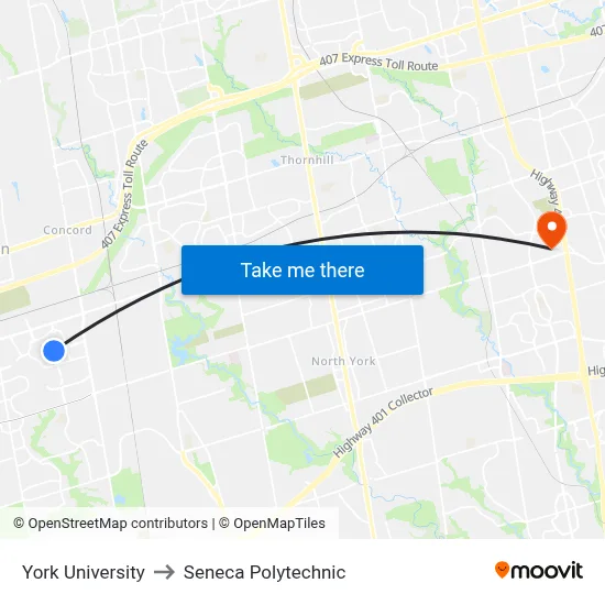 York University to Seneca Polytechnic map