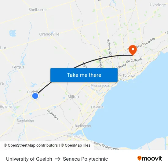 University of Guelph to Seneca Polytechnic map