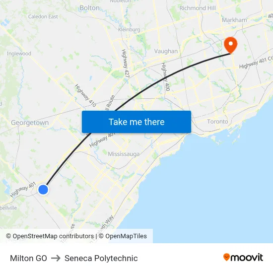 Milton GO to Seneca Polytechnic map