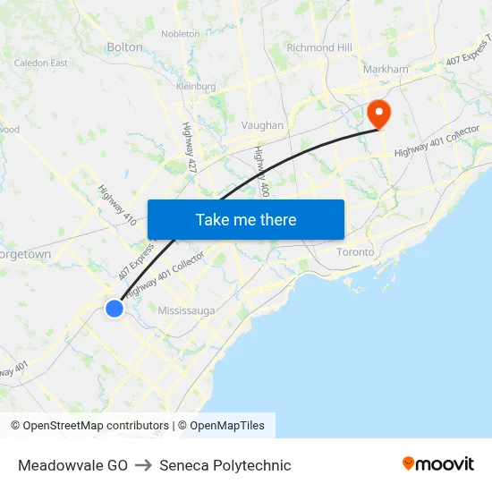 Meadowvale GO to Seneca Polytechnic map