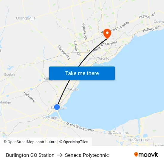Burlington GO Station to Seneca Polytechnic map