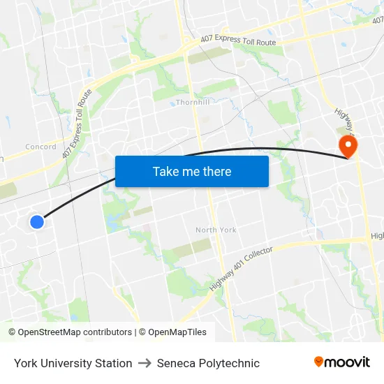 York University Station to Seneca Polytechnic map