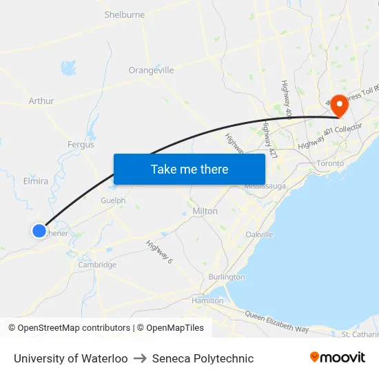 University of Waterloo to Seneca Polytechnic map