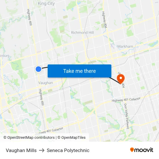 Vaughan Mills to Seneca Polytechnic map
