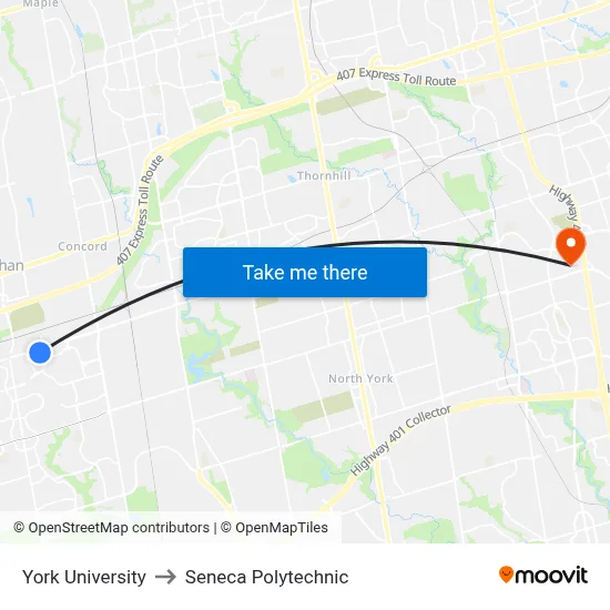York University to Seneca Polytechnic map