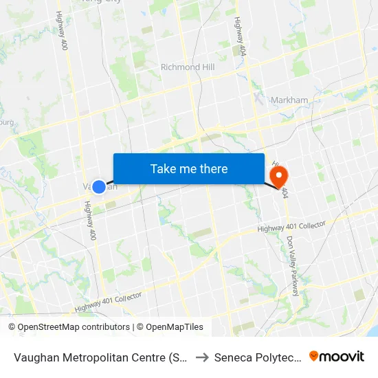 Vaughan Metropolitan Centre (Station) to Seneca Polytechnic map