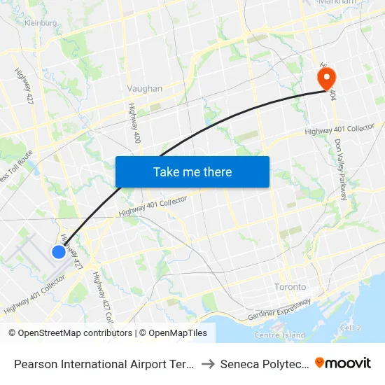 Pearson International Airport Terminal 1 to Seneca Polytechnic map