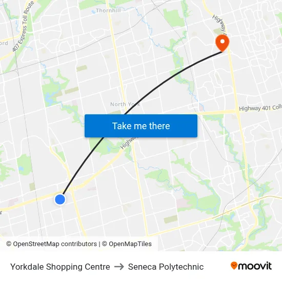 Yorkdale Shopping Centre to Seneca Polytechnic map