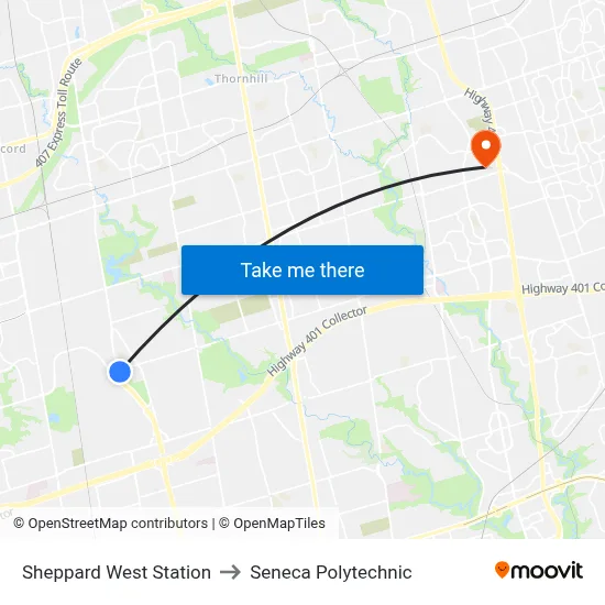 Sheppard West Station to Seneca Polytechnic map