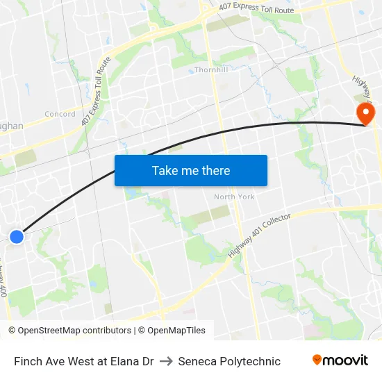 Finch Ave West at Elana Dr to Seneca Polytechnic map