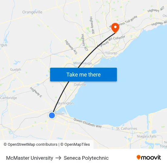 McMaster University, 1280 Main St W to Seneca Polytechnic map