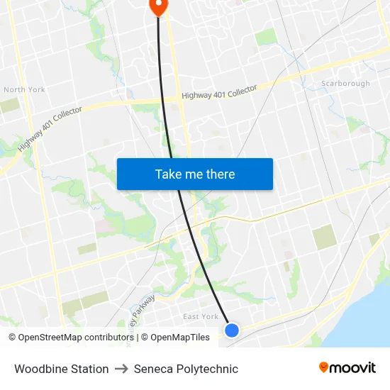 Woodbine Station to Seneca Polytechnic map