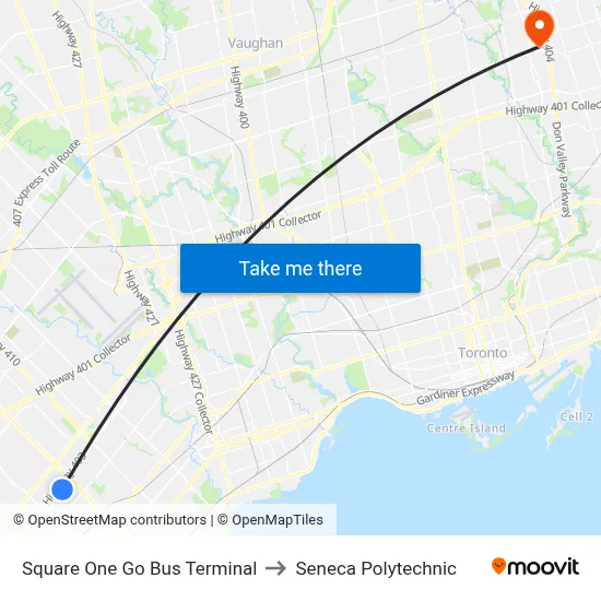 Square One Go Bus Terminal to Seneca Polytechnic map