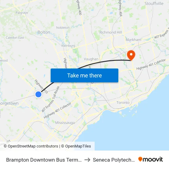 Brampton Downtown Bus Terminal to Seneca Polytechnic map