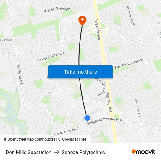 Don Mills Substation to Seneca Polytechnic map