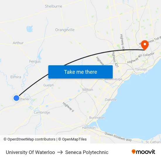 University Of Waterloo to Seneca Polytechnic map