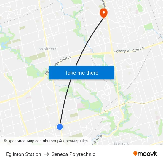 Eglinton Station to Seneca Polytechnic map