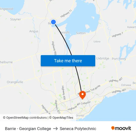 Barrie - Georgian College to Seneca Polytechnic map