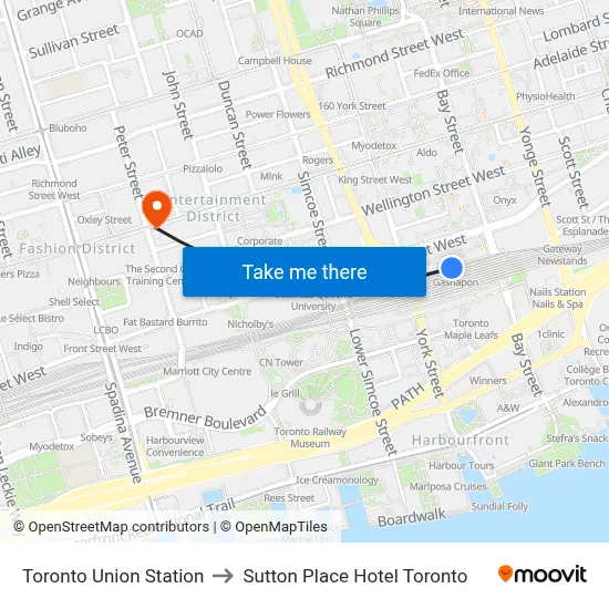Toronto Union Station to Sutton Place Hotel Toronto map