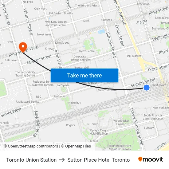 Toronto Union Station to Sutton Place Hotel Toronto map