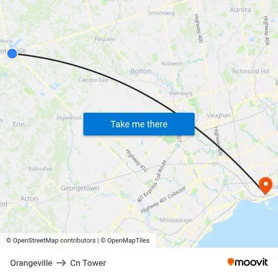 Orangeville to Cn Tower map