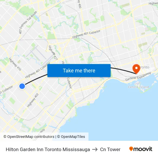 Hilton Garden Inn Toronto Mississauga to Cn Tower map
