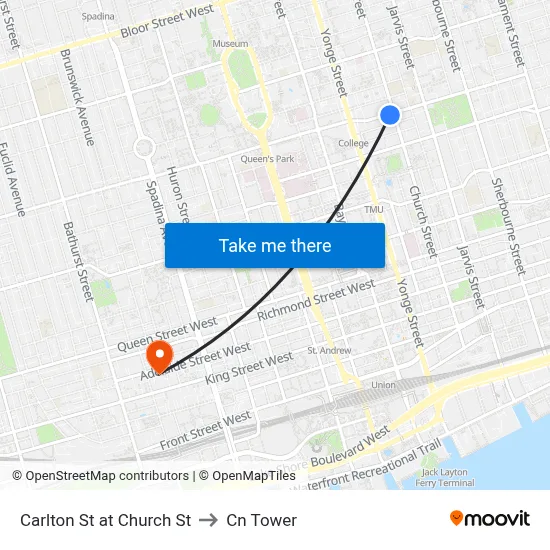 Carlton St at Church St to Cn Tower map