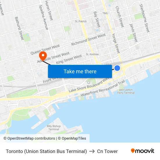 Toronto (Union Station Bus Terminal) to Cn Tower map