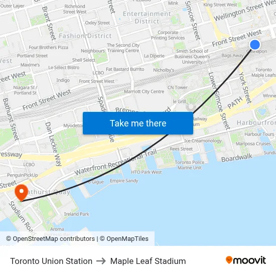 Toronto Union Station to Maple Leaf Stadium map