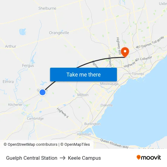 Guelph Central Station to Keele Campus map