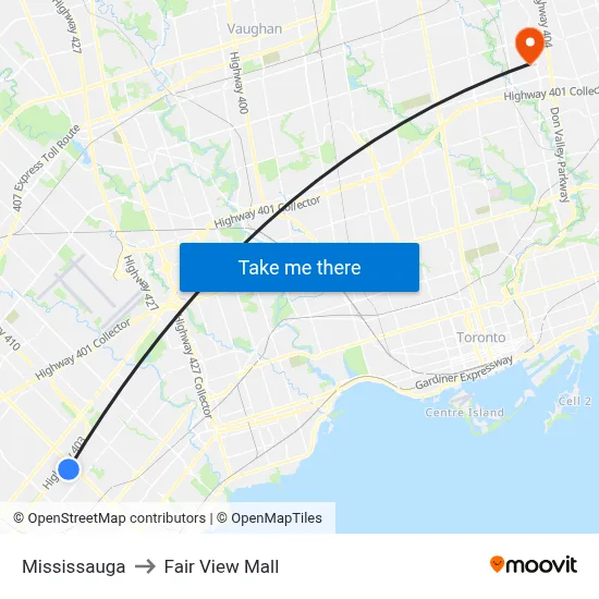 Mississauga to Fair View Mall map