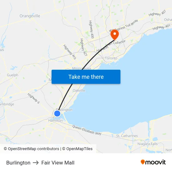 Burlington to Fair View Mall map