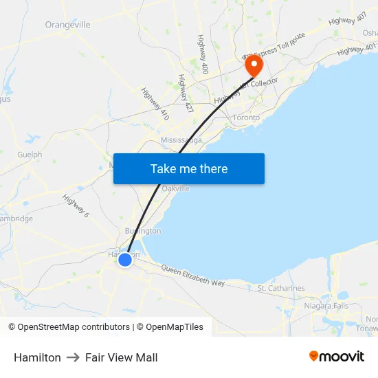 Hamilton to Fair View Mall map