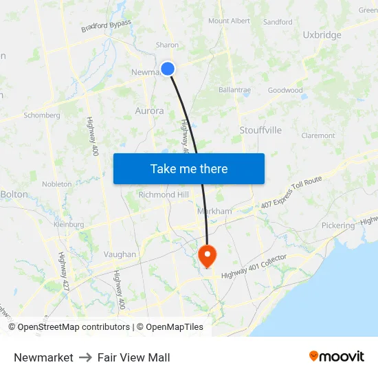 Newmarket to Fair View Mall map