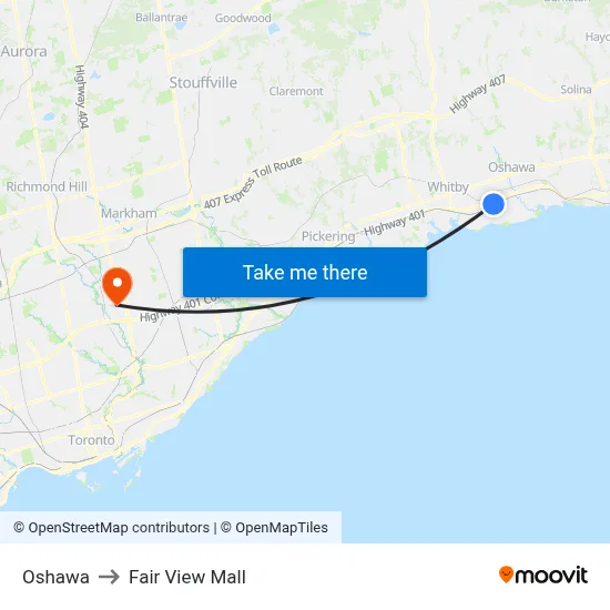 Oshawa to Fair View Mall map