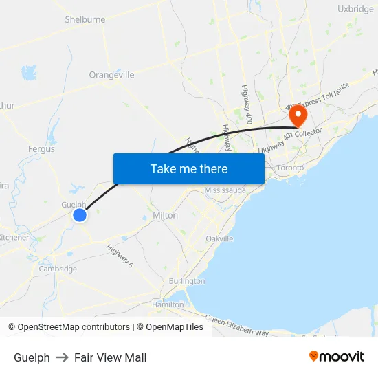 Guelph to Fair View Mall map
